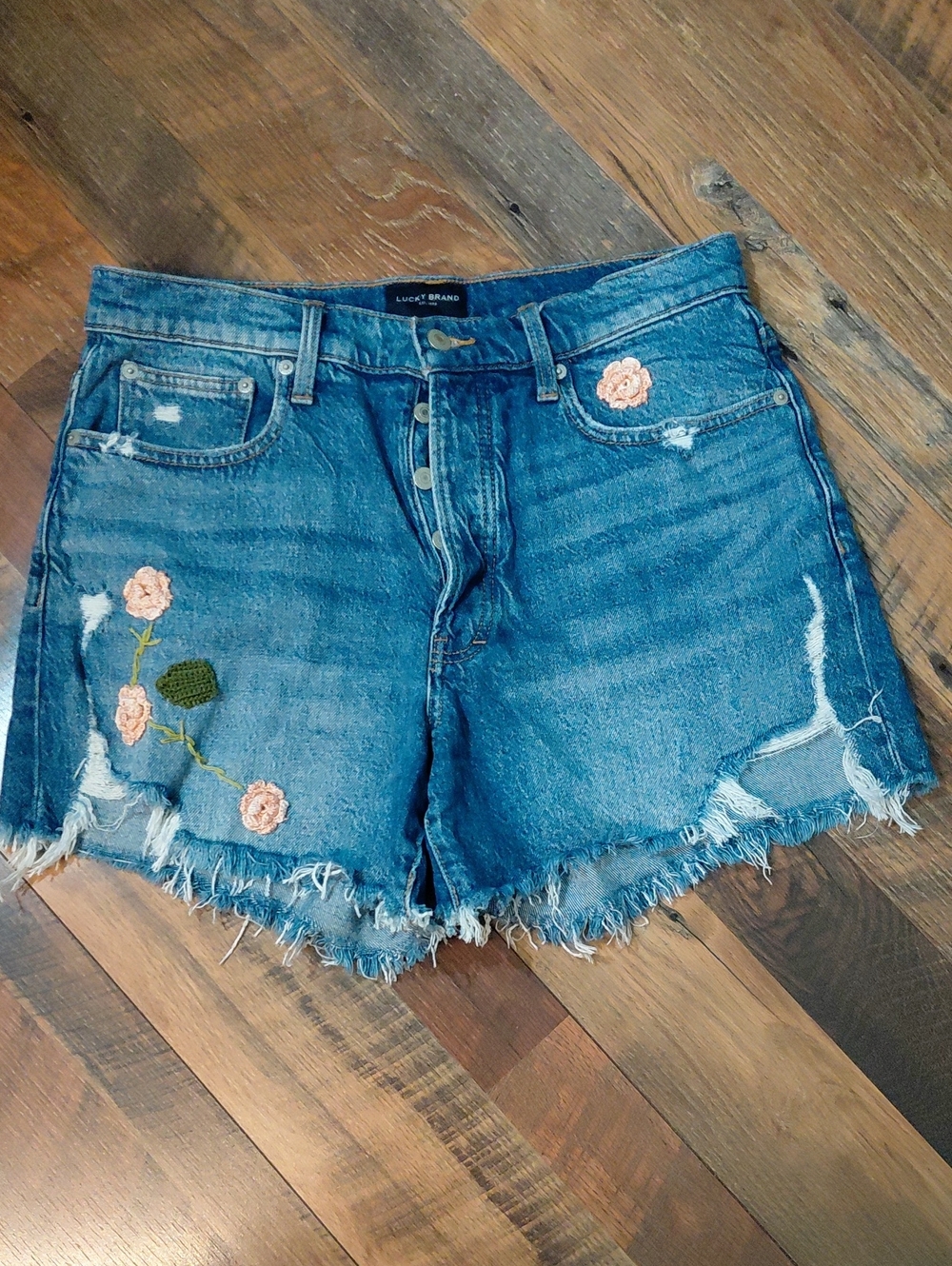 Lucky Brand Blue Denim Cutoff Shorts with Floral Embroidery